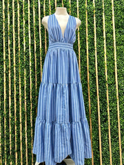 Beautiful Blue Striped V Neck no Maxi Dress
