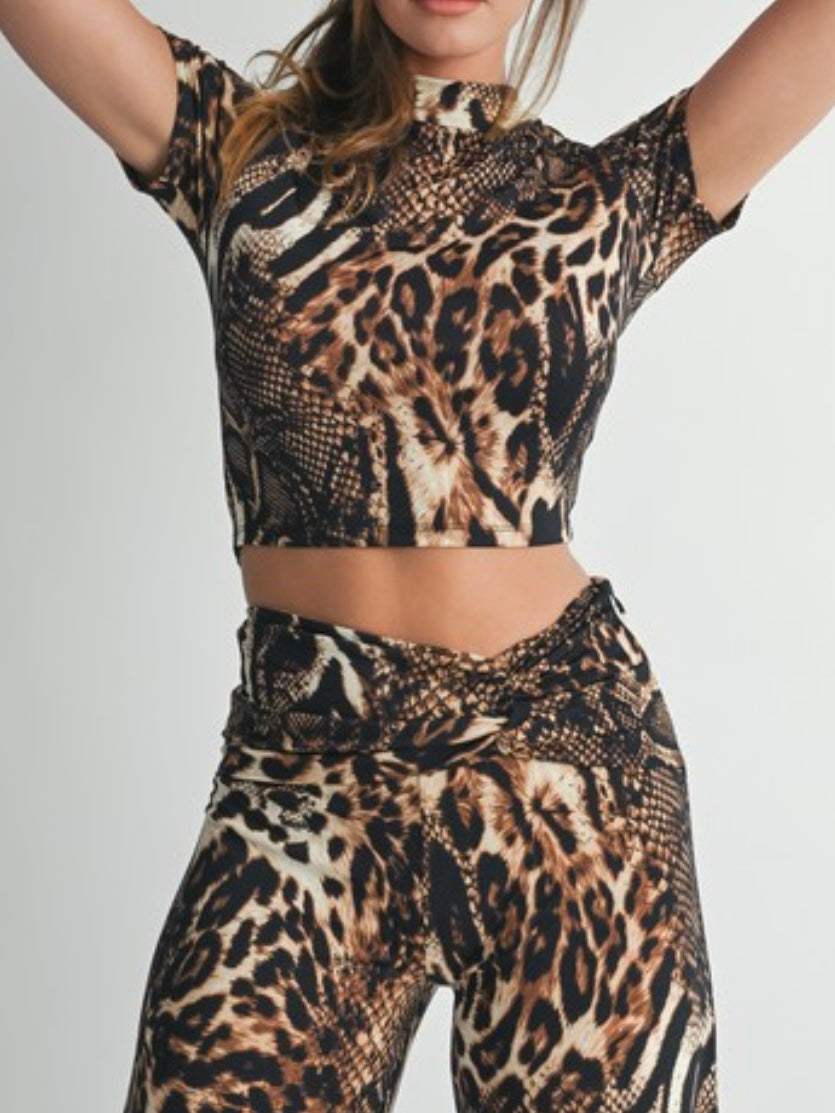 Brown Leopard Twist Waist Pant Set