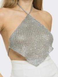 Silver Sequin Knit Halter Handkerchief Top