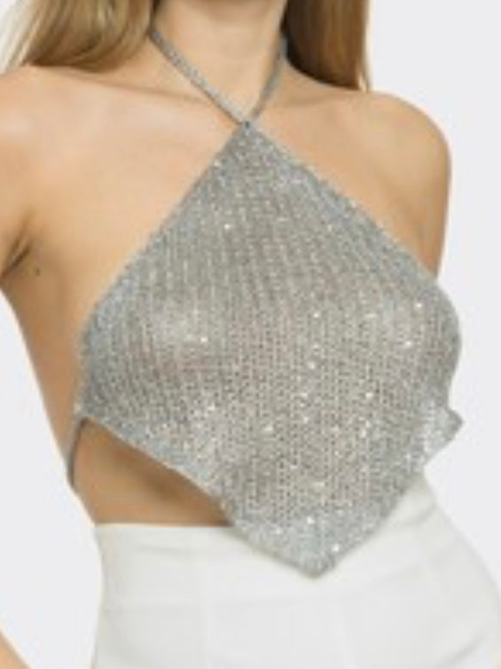 Silver Sequin Knit Halter Handkerchief Top