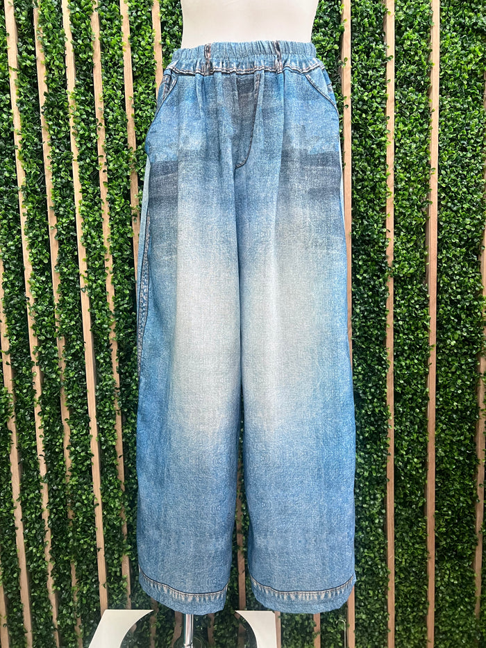 One Size Printed Denim Wide Leg Pant