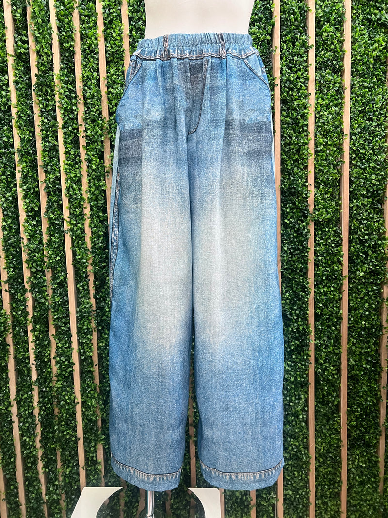 One Size Printed Denim Wide Leg Pant