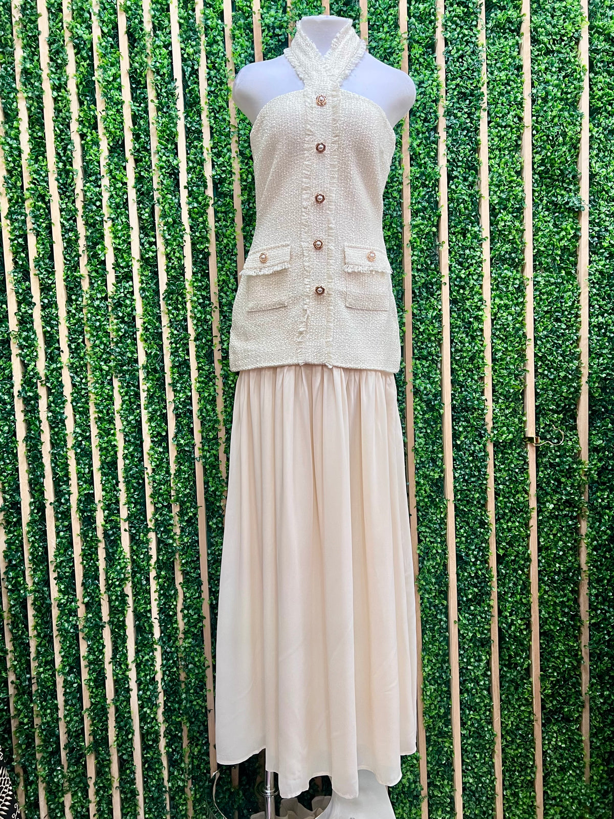 Exquisite Cream Tweed Halter Contrast Fitted Maxi Dress