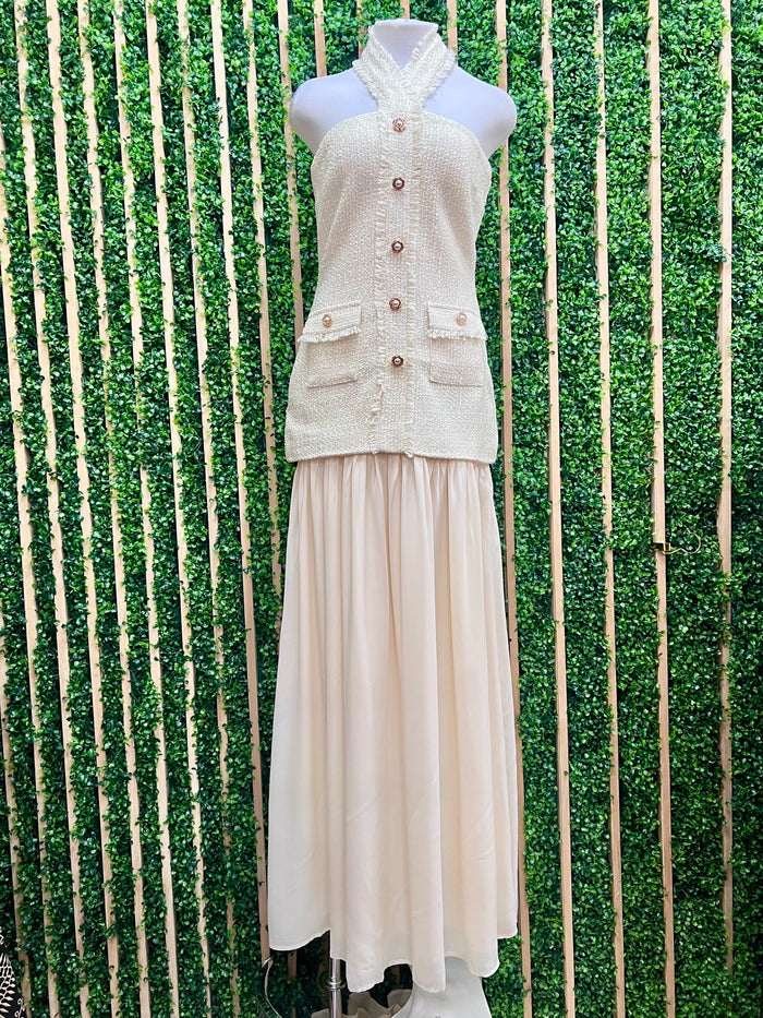 Exquisite Cream Tweed Halter Contrast Fitted Maxi Dress