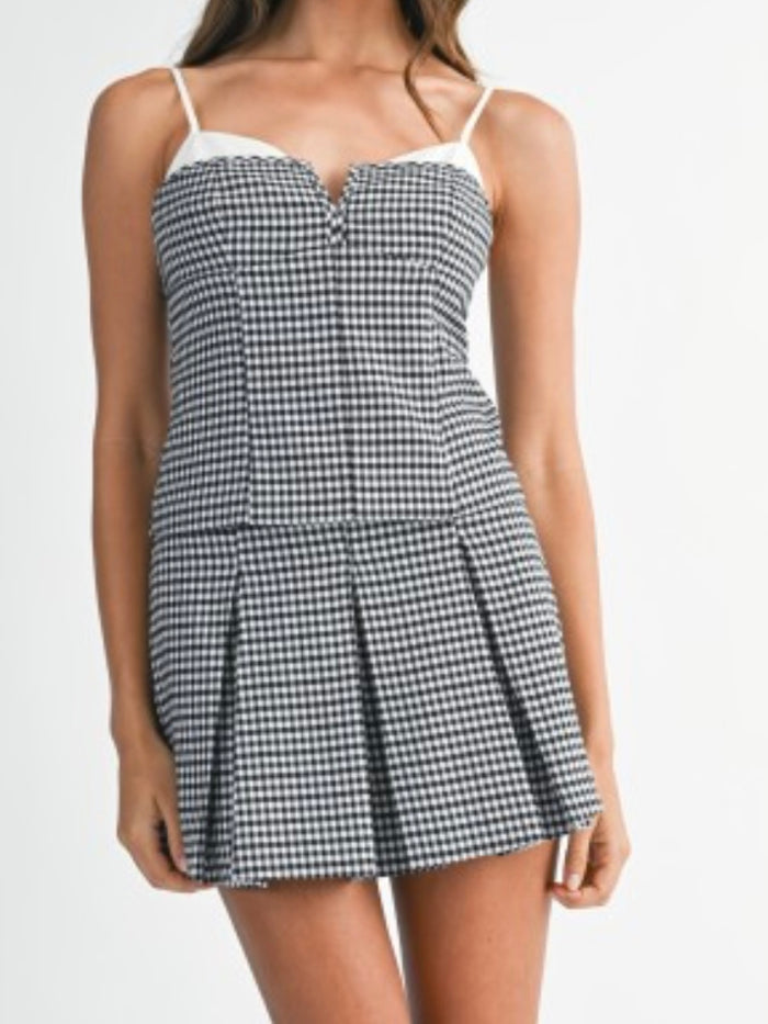 Black White Gingham Plaid Contrast Strap Top
