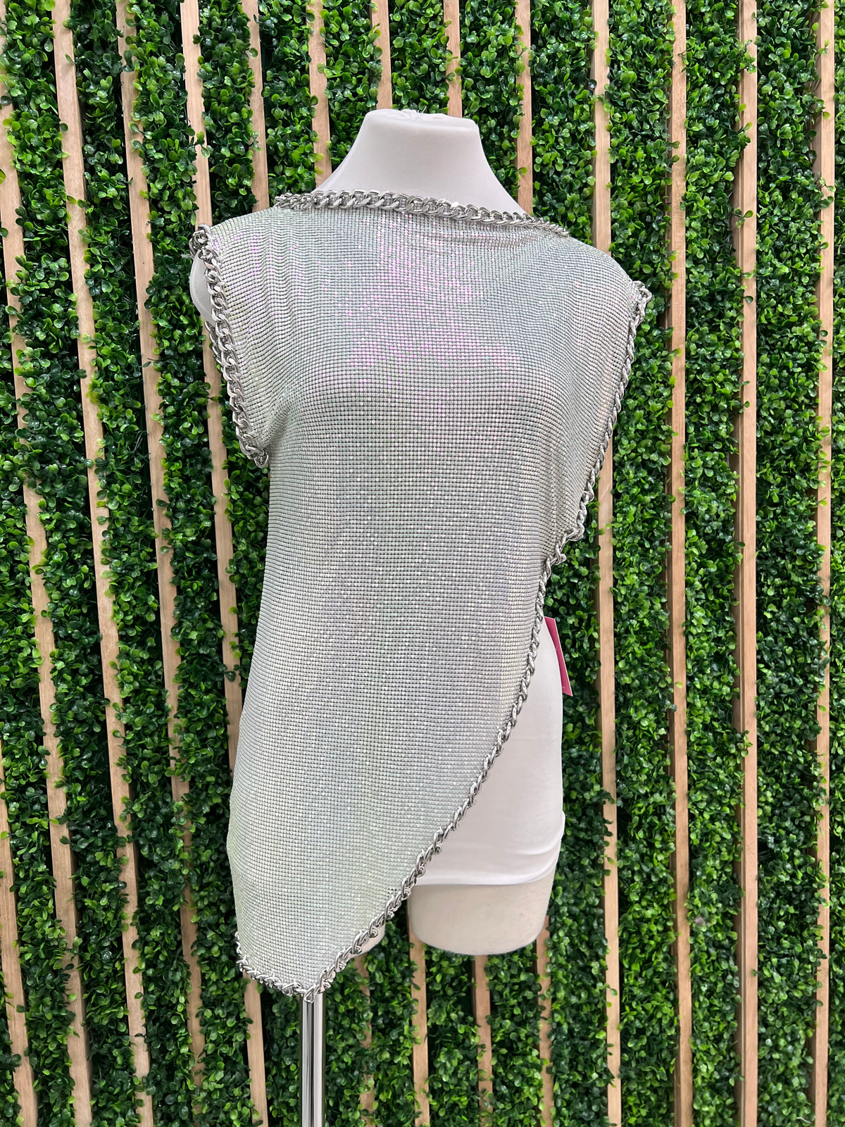 Iridescent Silver Mesh Asymmetrical Top