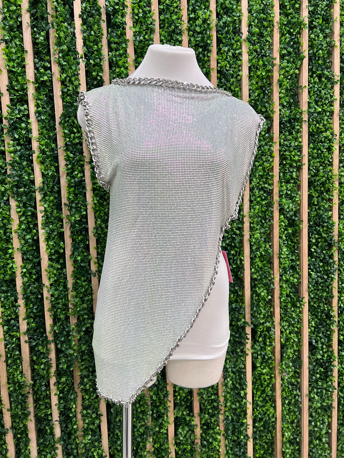 Iridescent Silver Mesh Asymmetrical Top