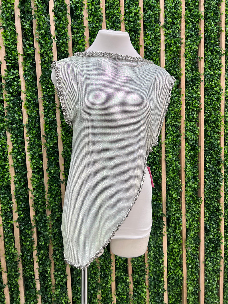 Iridescent Silver Mesh Asymmetrical Top