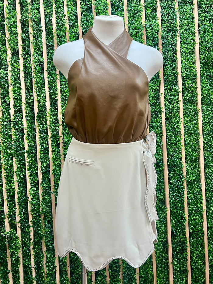 Chocolate Faux Leather Cross-Front Halter Bodysuit