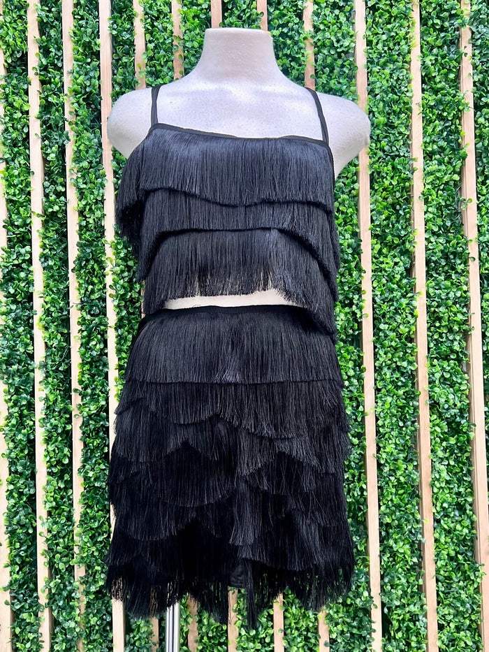 Beautiful Black Fringe Skirt Set