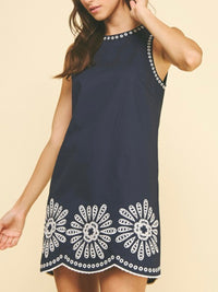 Navy Embroidered Trim Dress