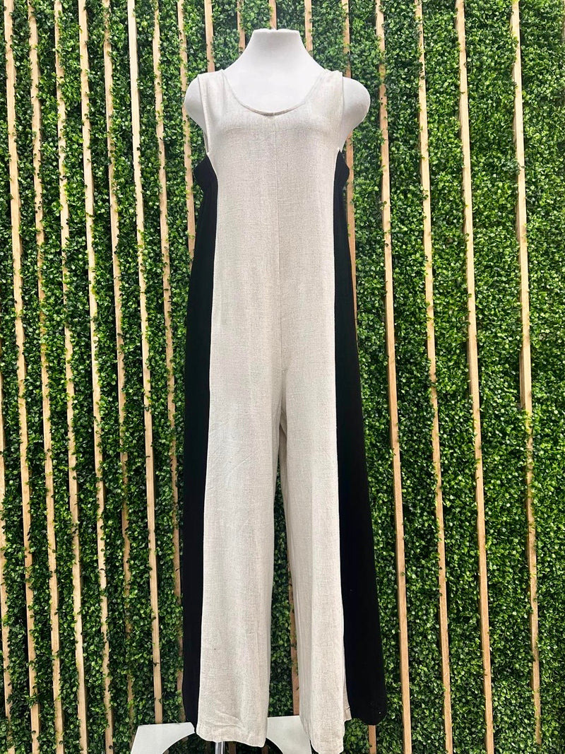 Natural Side Stripe Linen Jumpsuit