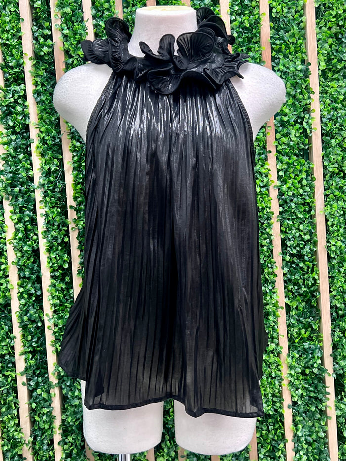 Metallic High Neck Ruffled Sleeveless Top
