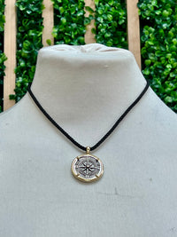 SJ Two-Tone Compass Pendant Cord Necklace