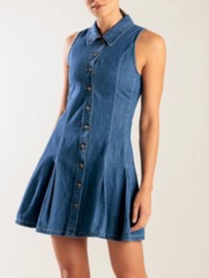 Fitted Collared Sleveless Short Denim Dress