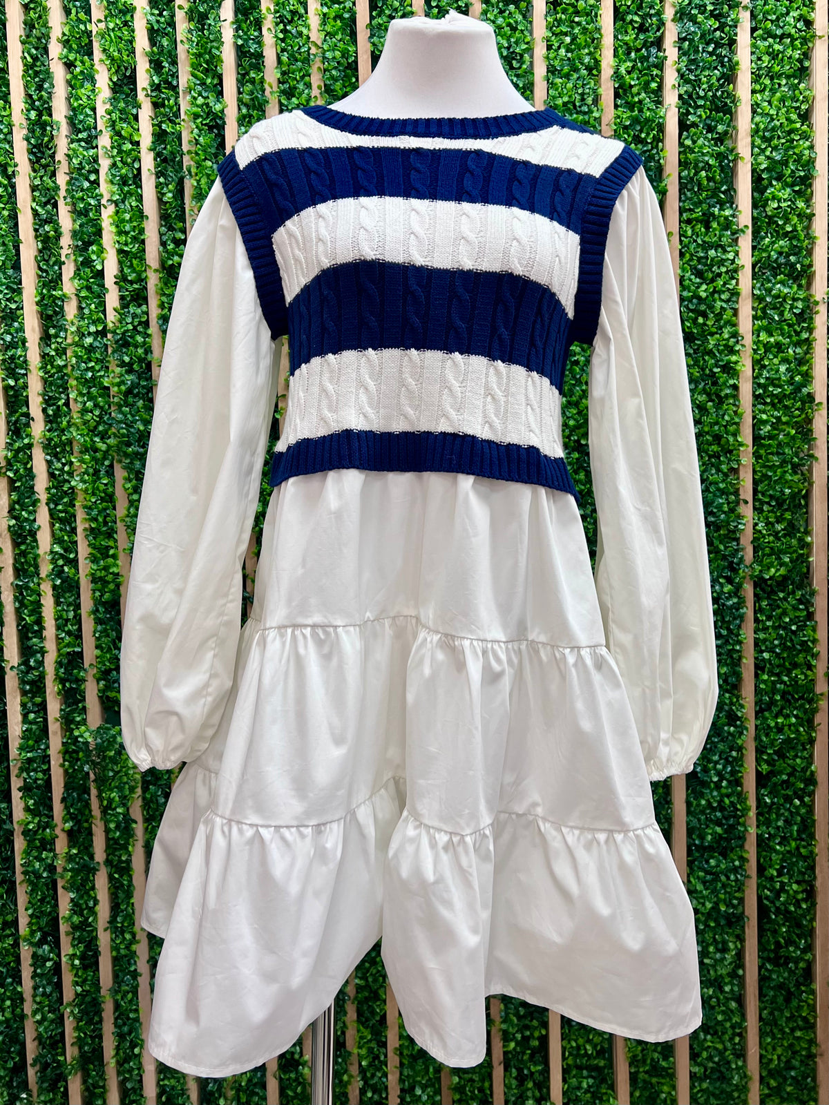 Navy White Stripe Sweater Blouse Dress