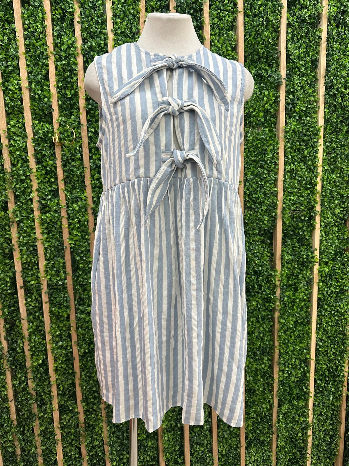 Stripe Front Bow Detail Short Denim Dress