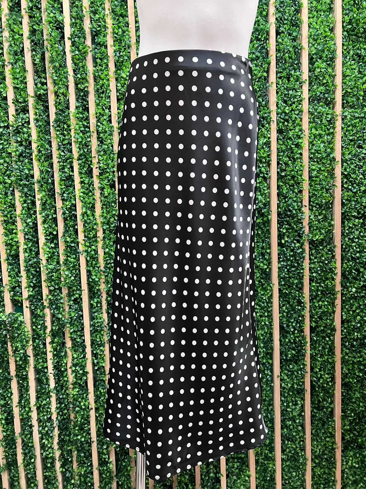 Black Satin Polka Dot Midi Skirt