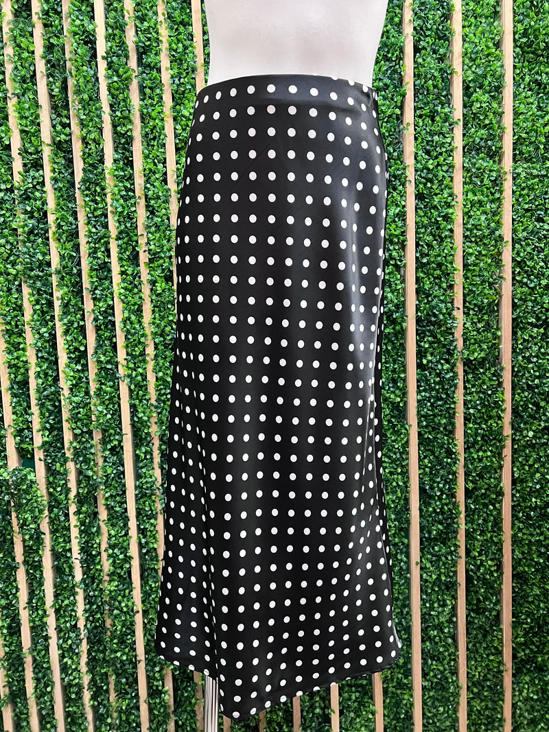 Black Satin Polka Dot Midi Skirt