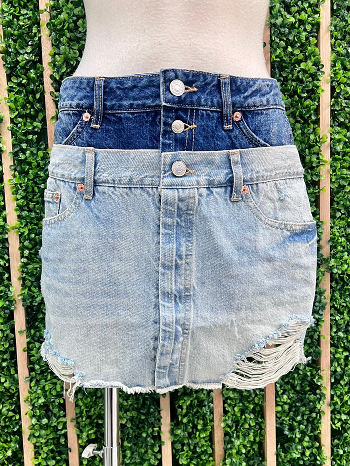 Double Waistband Short Denim Skirt
