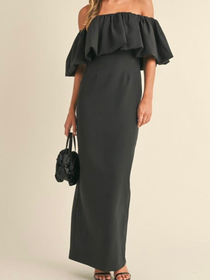 Black Off Shoulder Layer Long Dress