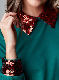 Green Sequin Neckline Collared Blouse Top