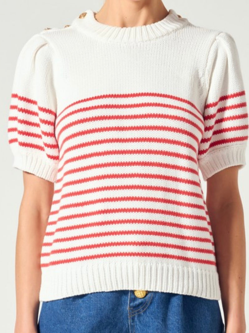 Button Detail Off White Red Stripe Blouse