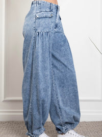 Big Pockets Tie Hem Washed Denim Pants