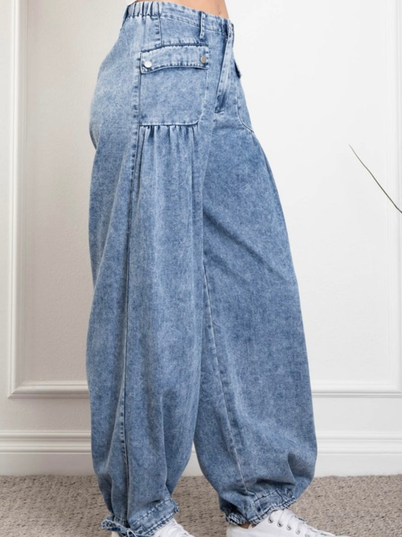 Big Pockets Tie Hem Washed Denim Pants