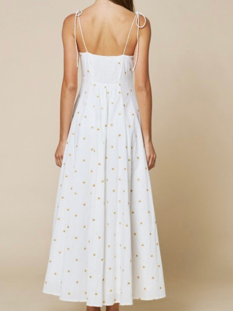 White & Gold Star Tie-Shoulder Maxi Dress
