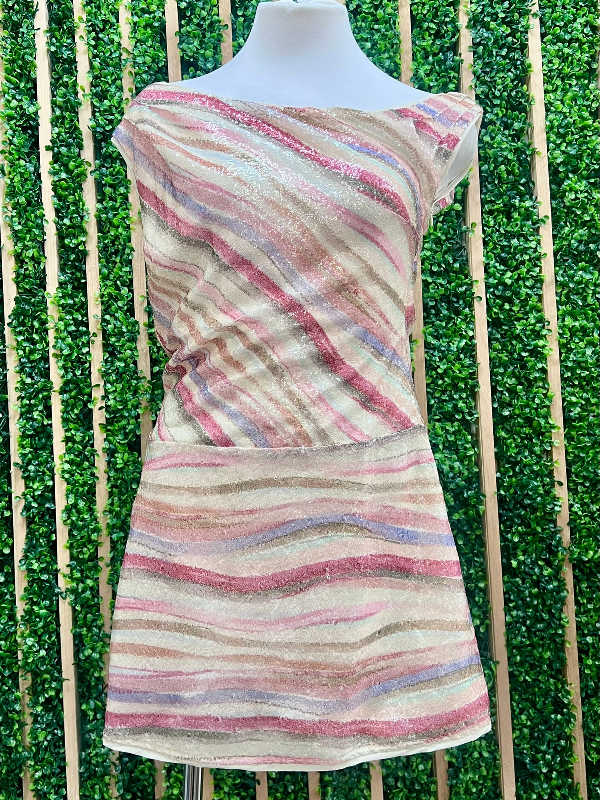 Ivory Multi Stripe Off Shoulder Sequin Short Dress