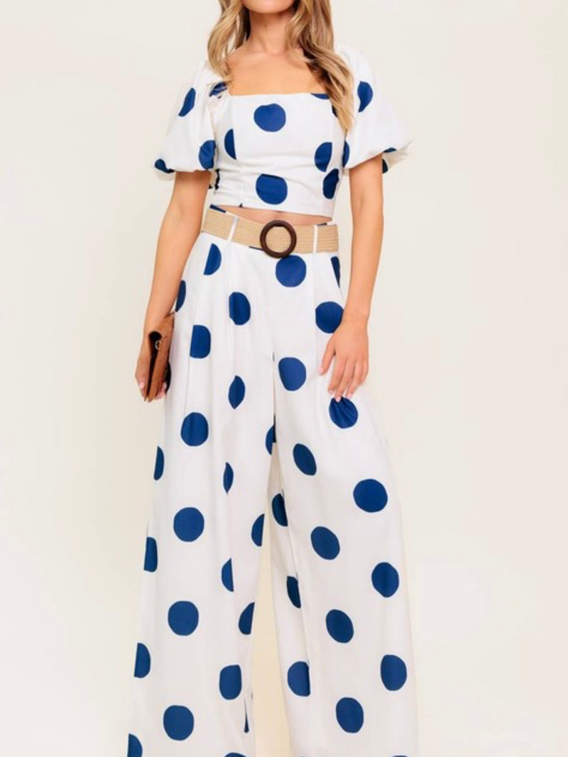 Navy Dots Bubble Sleeve Crop Blouse