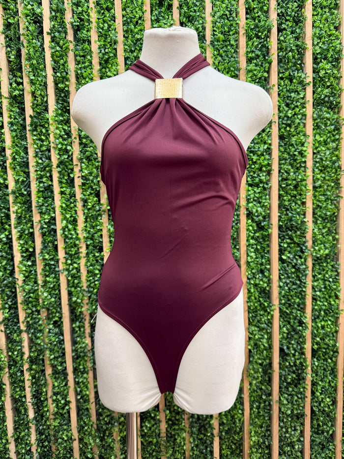 Burgundy Halter Bodysuit with Gold Detail