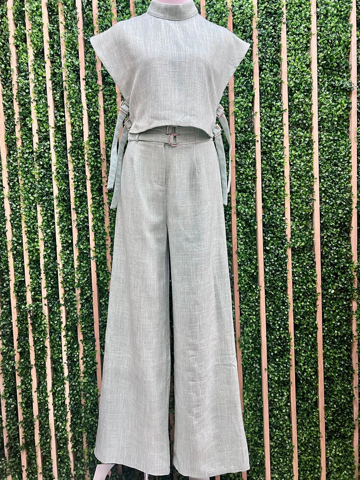 Sage Elegance Wide-Leg Belted Pants