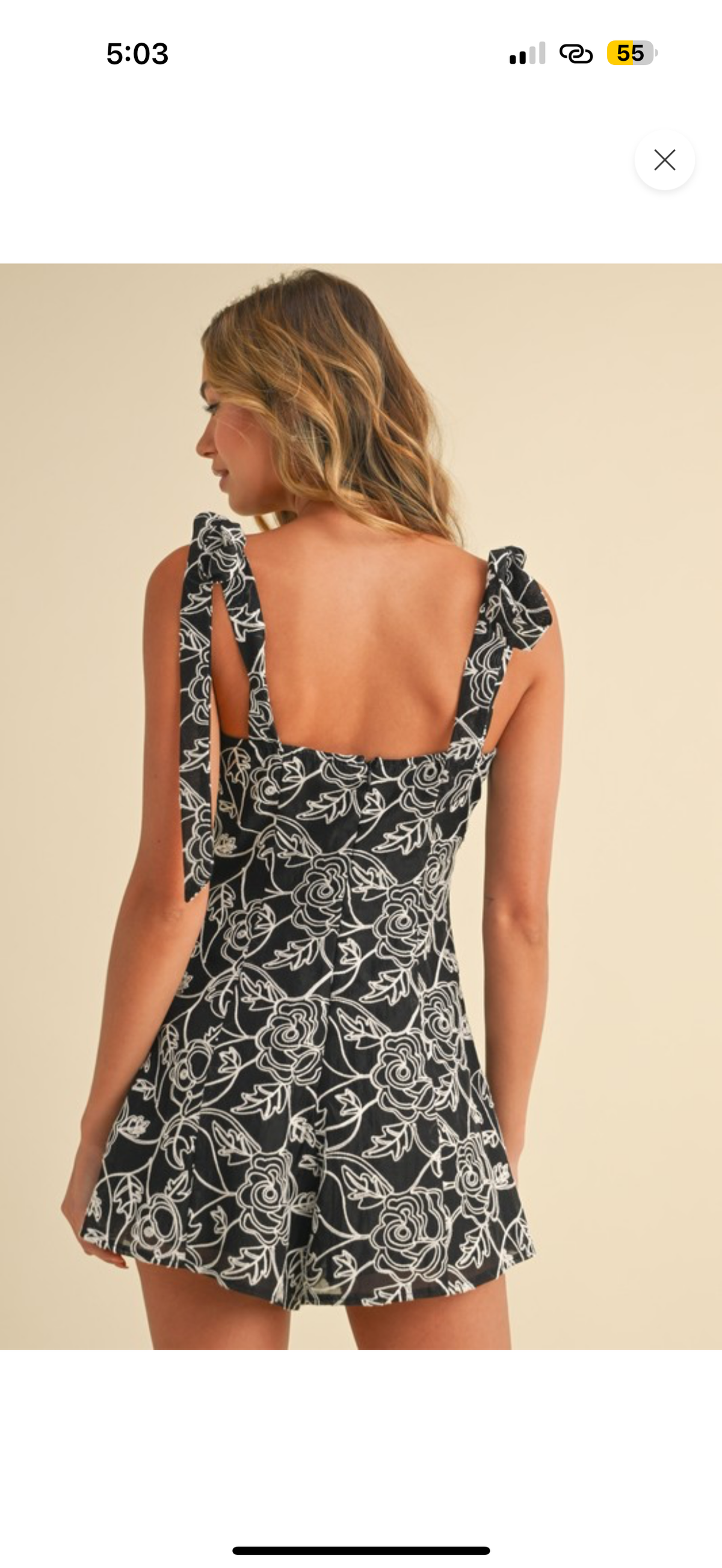 Black White Floral Embroidered Shoulder Tie Romper