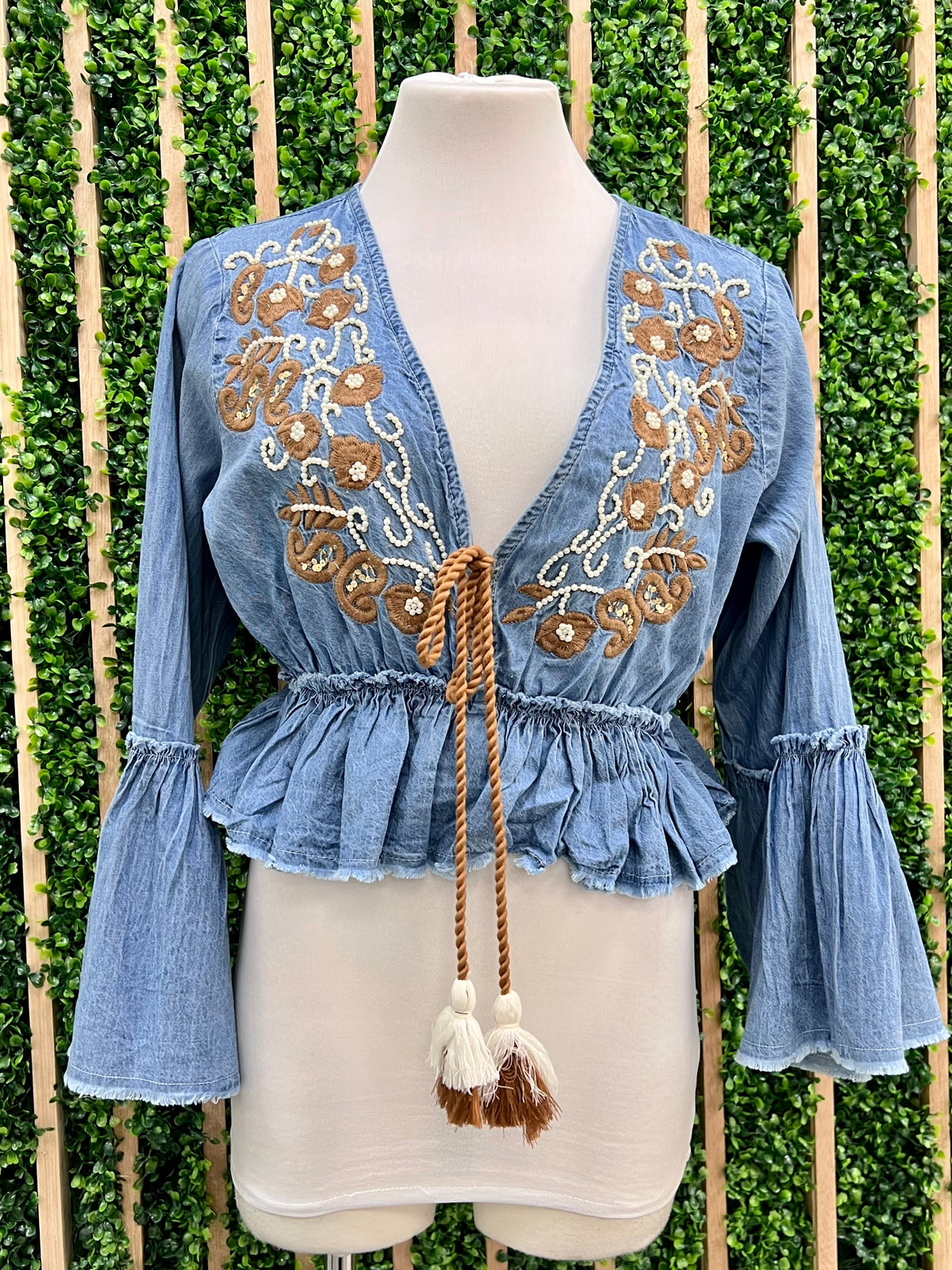 Denim Embroidered Flared Top