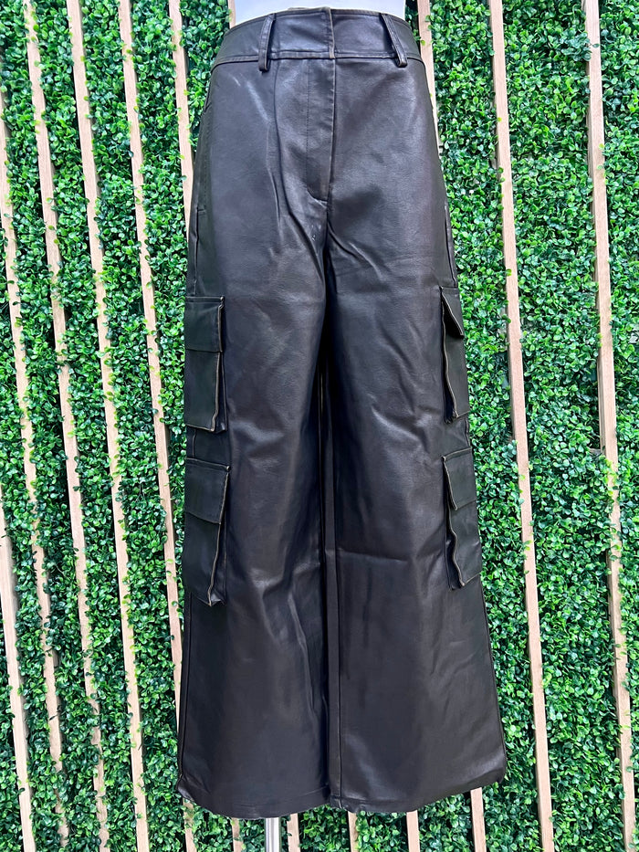 Black Brown Pleather High Waist Cargo Pants