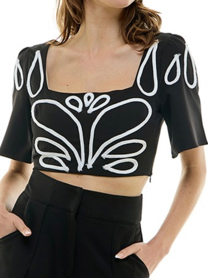 Abstract Embroidered Bell Sleeve Crop Top