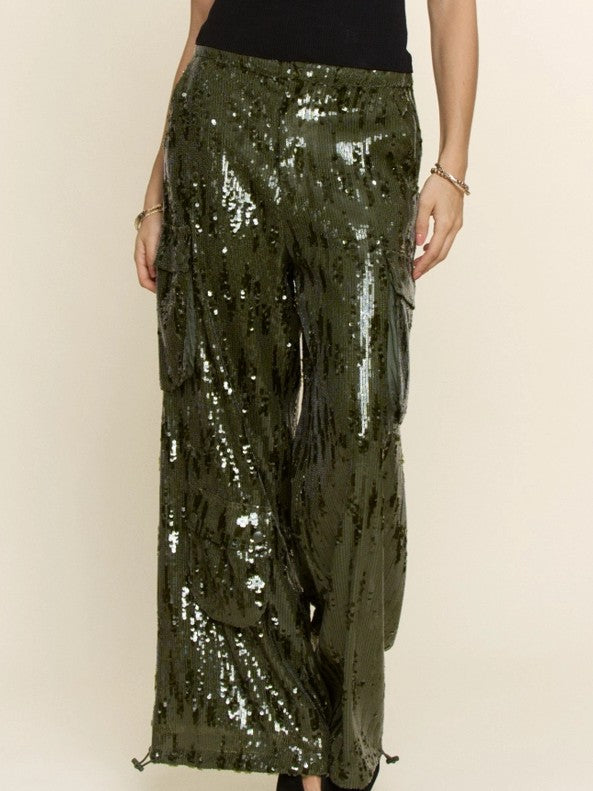 Olive Green Sequin Cargo Pants
