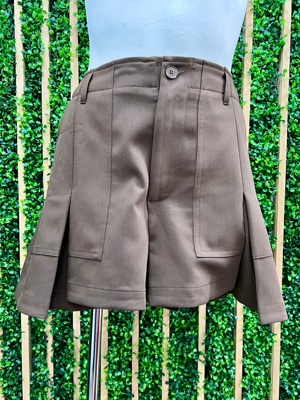 Brown Pleated Trouser Shorts