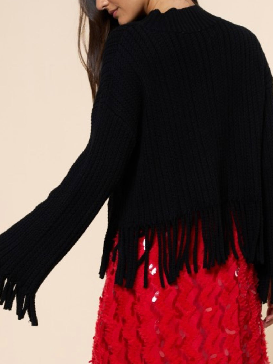 Black Tassel Trim Furry Sweater