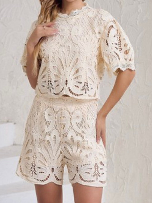 Beige Lace Short Sleeve Short Pant Set