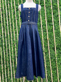 Dark Denim Square Neck Fitted Midi Dress
