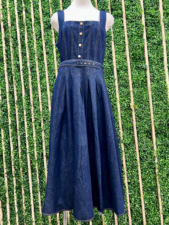 Dark Denim Square Neck Fitted Midi Dress