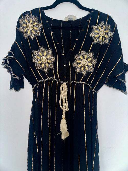 Black Gold Flower Embroidered Kimono Maxi Dress