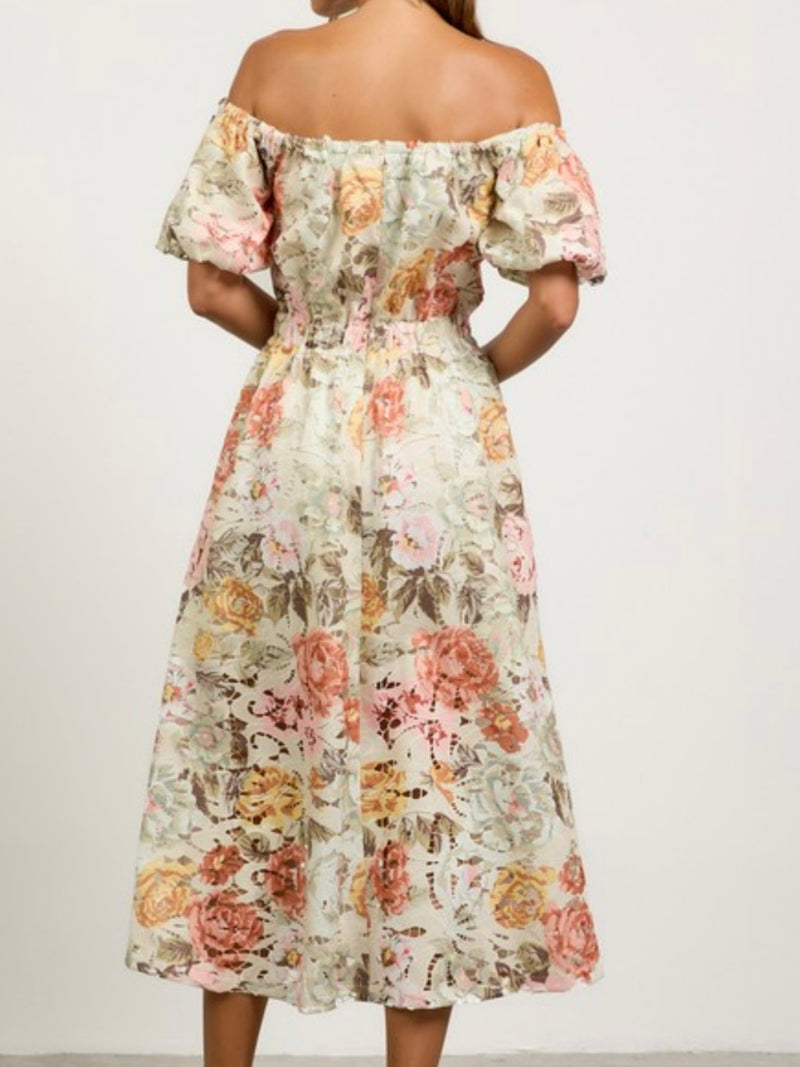 Delicate Sage Peach Floral Lace Midi Dress