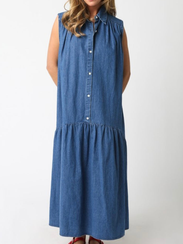 Dark Denim Drop Waist Sleeveless Blouse Maxi Dress