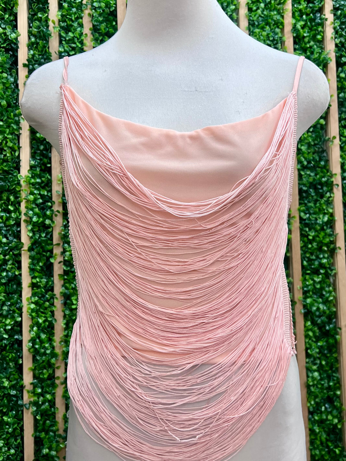 Blush Fringe Chain Top – Statement Evening Cami