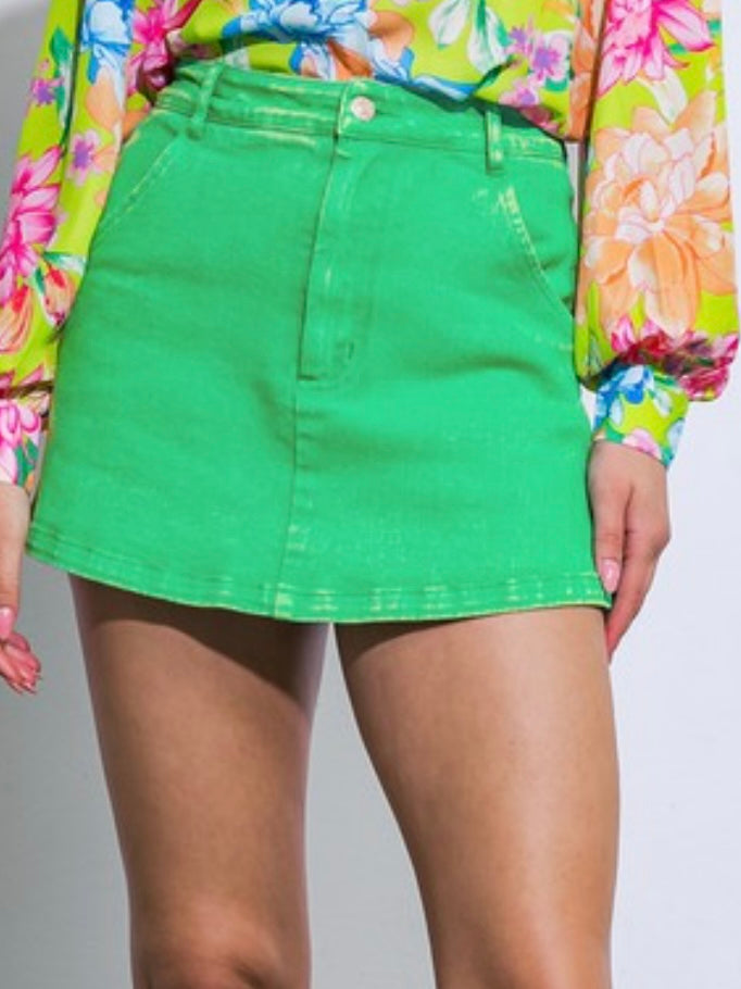Green Denim Fitted Skort
