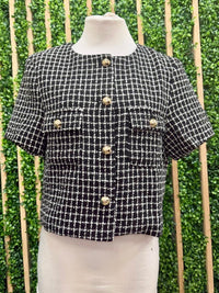 Black & White Tweed Button Front Top with Gold Buttons